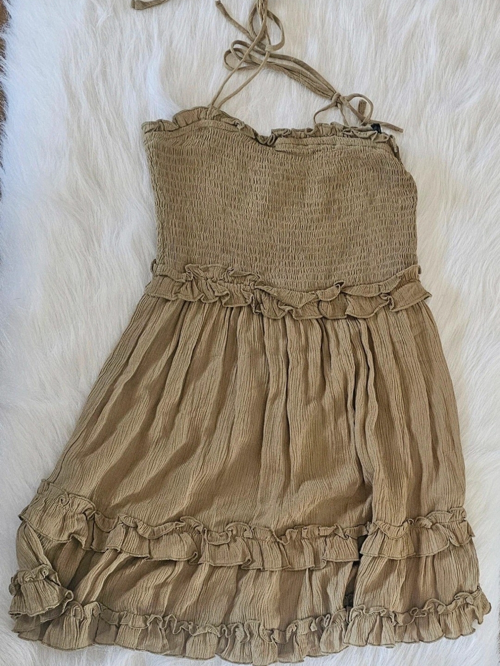 Forever 21 Tan Smocked Ruffle Halter Dress